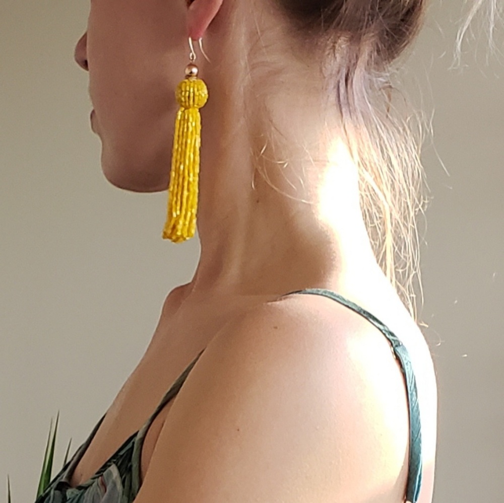 Yellow beaded tassel fish hook earrings